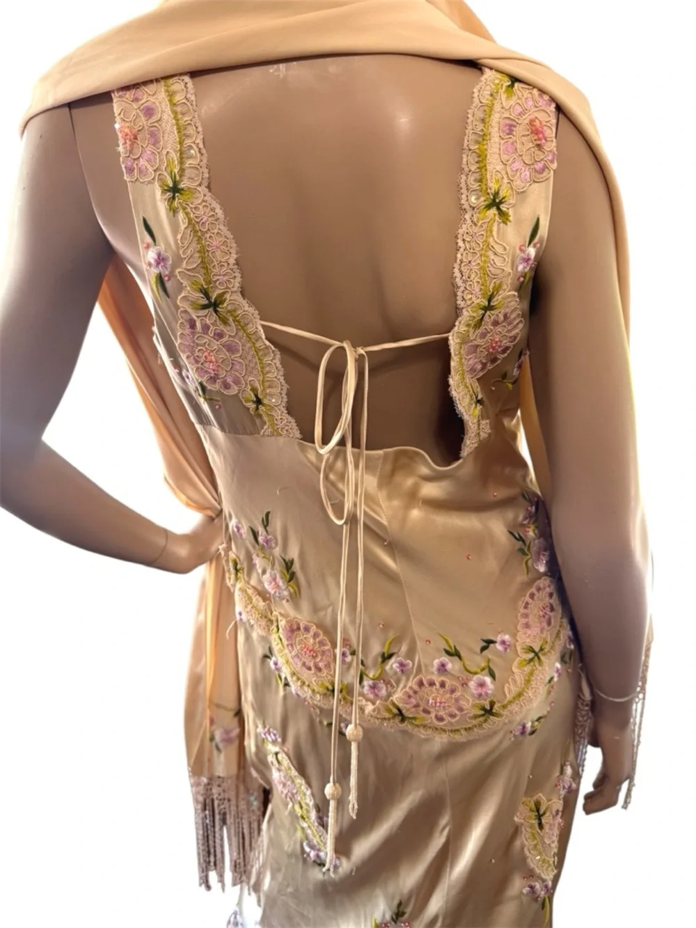 Old Hollywood romance vintage Sue Wong 90s champagne silk rose embroidered gown - Picture 4 of 5